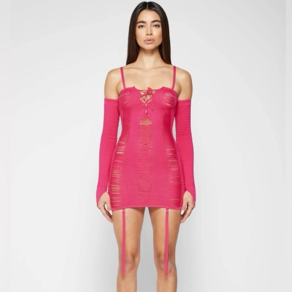 Maniere De Voir Laddered Knit Mini Dress with Sleeves